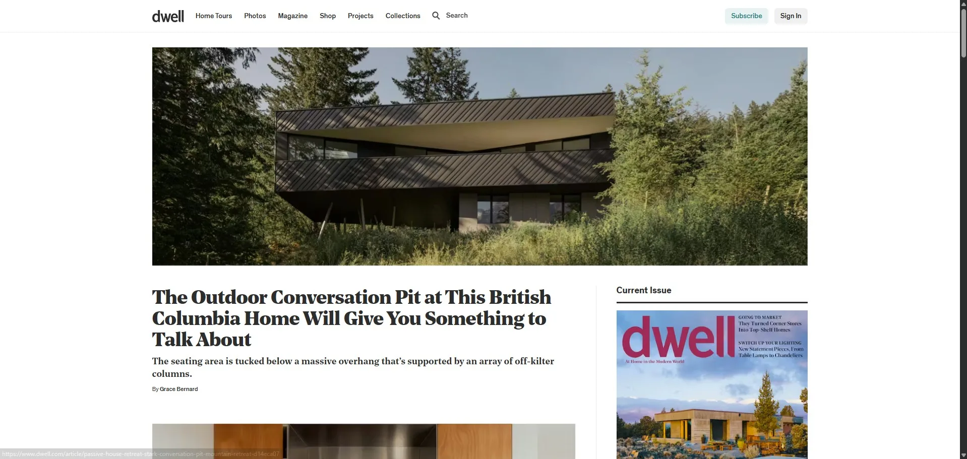 Dwell magazine website featuring a modern black house architecture in British Columbia with a large overhang and outdoor conversation pit.