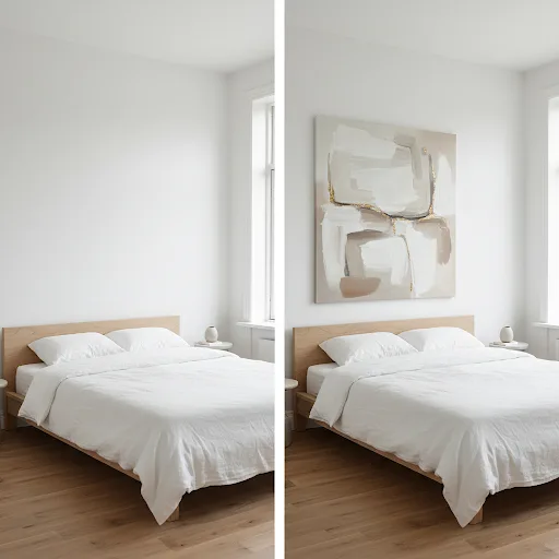 Before-and-after Scandi bedroom showing wall art transforming affordable interior design.