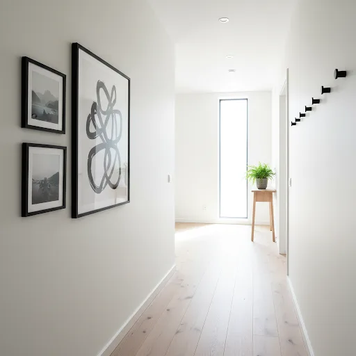 High-low gallery wall in Scandi hallway for affordable designer styling.