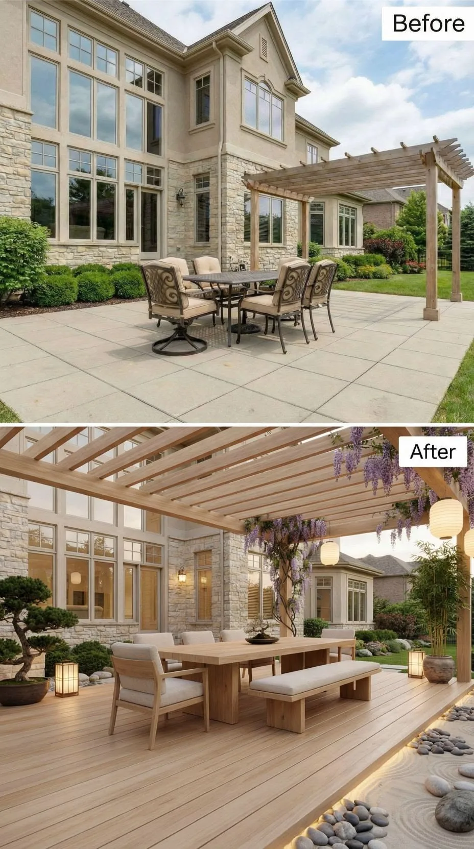 A high-resolution Before and After photograph showing a standard stone house patio's dramatic conversion into a curated, Wabi-Sabi inspired outdoor retreat. The top portion (Before) features standard paving stones, basic metal furniture, and a simple pergola. The bottom portion (After) showcases a complete renovation by Decozie, featuring a new elevated wooden deck, modern minimalist wooden dining furniture, integrated under-deck lighting, bonsai plants, zen gravel gardens, and a wisteria-covered pergola with hanging paper lanterns. This visual demonstrates the significant impact of budget friendly interior designer choices made through an online interior design service.