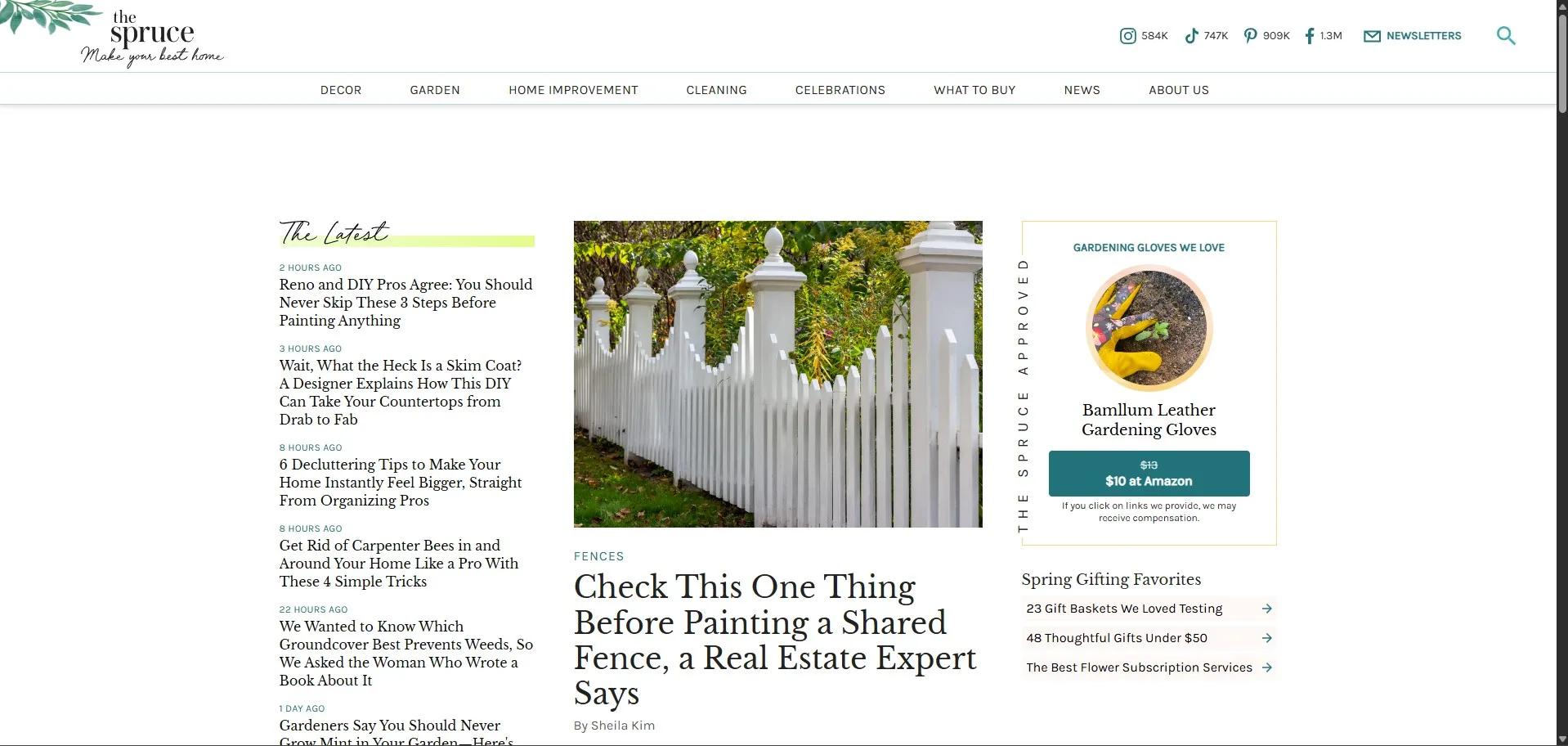 The Spruce website homepage highlighting home improvement articles and a real estate guide on painting a white picket fence.