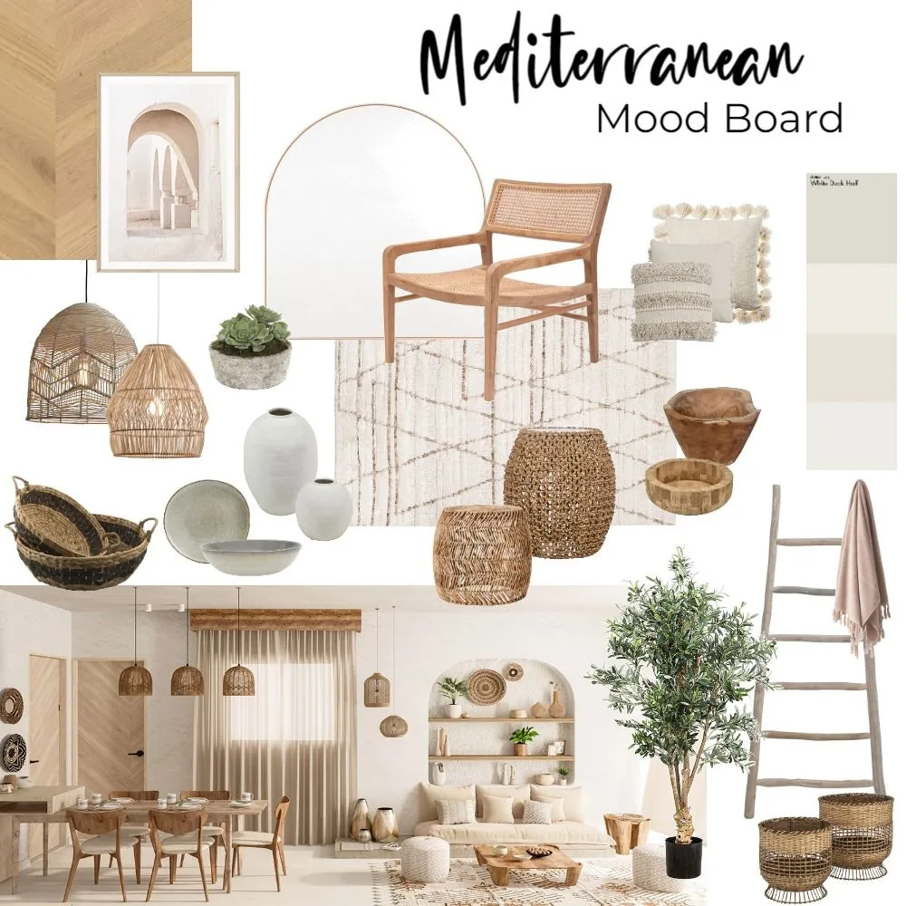 An interior design mood board for a "Mediterranean Mood Board" theme, combining individual product images and a finished room visualization. The top section features distinct items: a rattan and wood accent chair, nested wicker pendant lights, a large arched mirror, a geometric patterned rug, various textured pillows, potted succulents, a large fake olive tree, white ceramic vases, wooden bowls, wicker baskets, a rustic wooden ladder with a throw blanket, and a white oak wood sample palette with color swatches. The bottom section presents a 3D visualization of a complete dining and living room concept, integrating all these elements into a light-filled, textured space with white-washed walls, exposed beams, and arched niches.