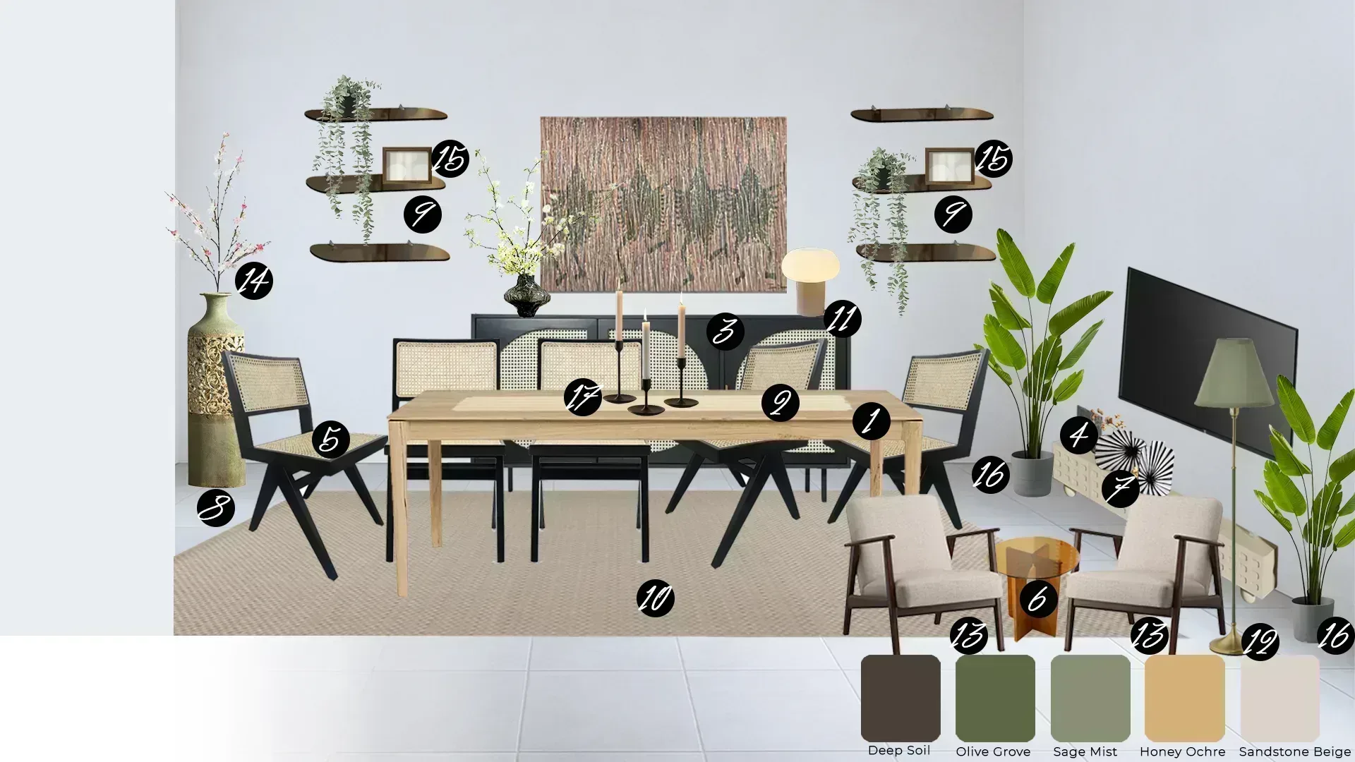 A professional interior design moodboard created by Decozie.com, featuring a curated furniture selection for a modern dining and living area. The concept includes a light wood dining table with black cane-back chairs, a sleek sideboard, and neutral armchairs, paired with a sophisticated color palette of Deep Soil, Sage Mist, and Honey Ochre for an affordable interior design transformation.