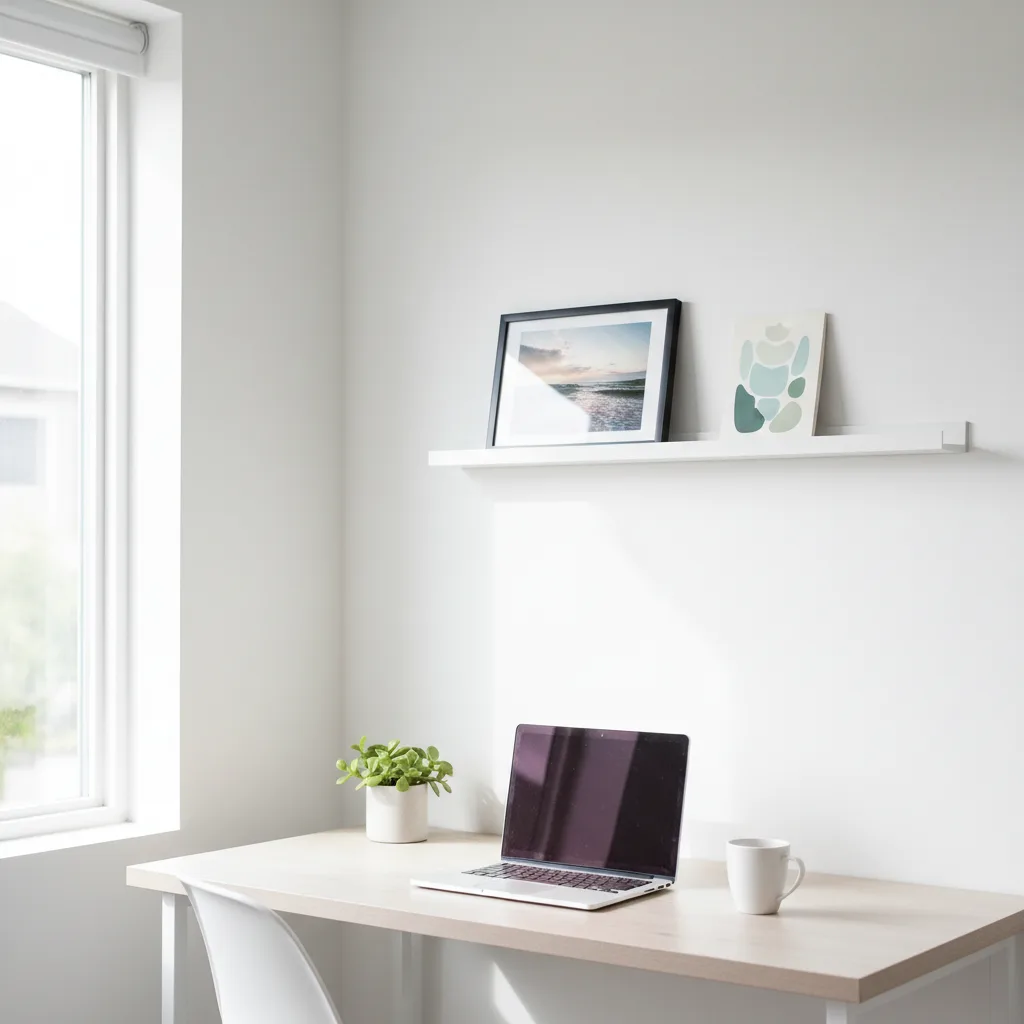 Personalised wall art in Scandi home office blending story with affordable design.