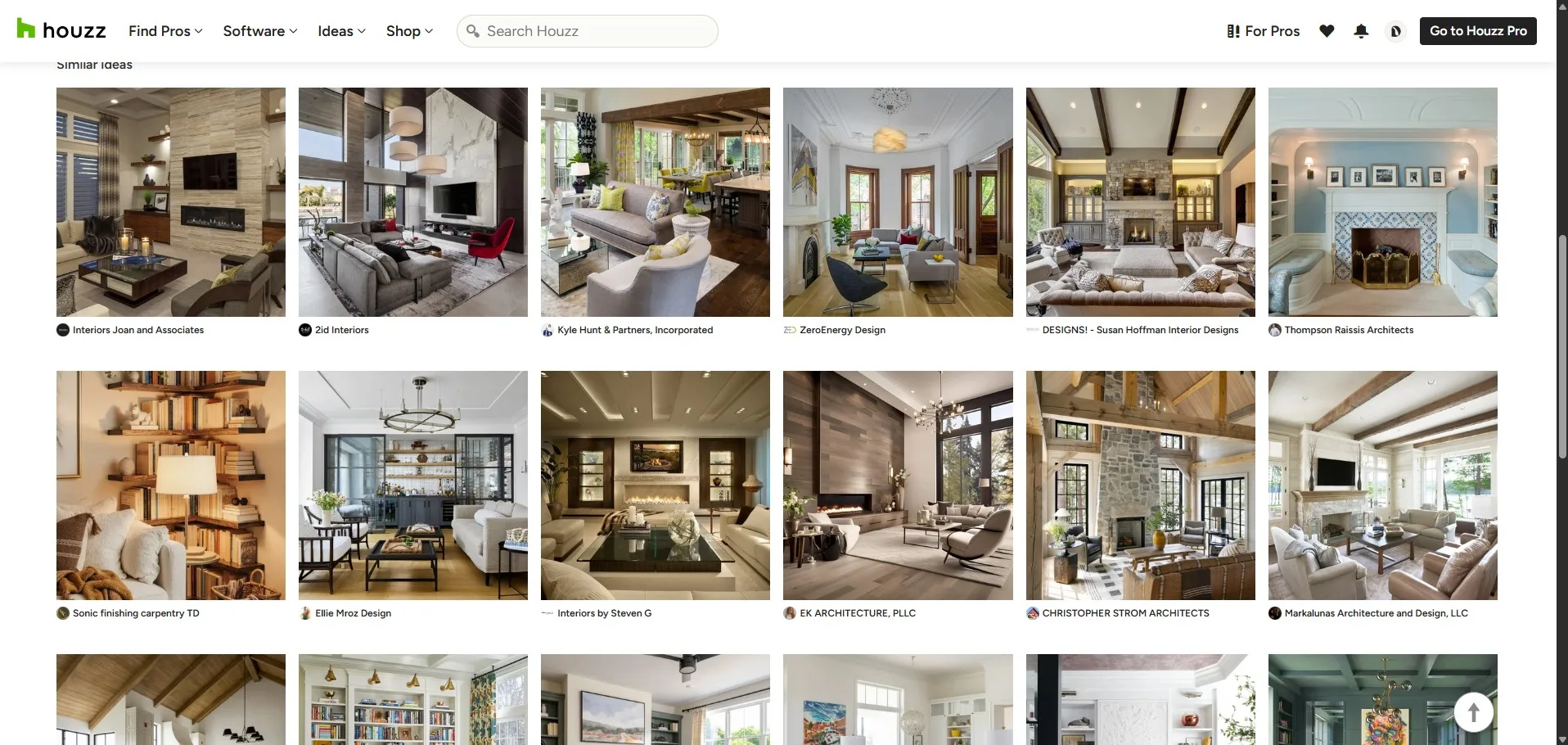 Houzz interior design gallery displaying a grid of living room inspiration, luxury fireplaces, and custom cabinetry ideas.