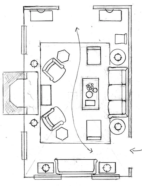 A hand-drawn top-down living room floor plan sketch. It shows a central seating area with a sofa, armchairs, and a coffee table anchored by a large rug near a fireplace. A curved arrow illustrates a clear traffic flow path moving through the room without interrupting the main conversational zone.