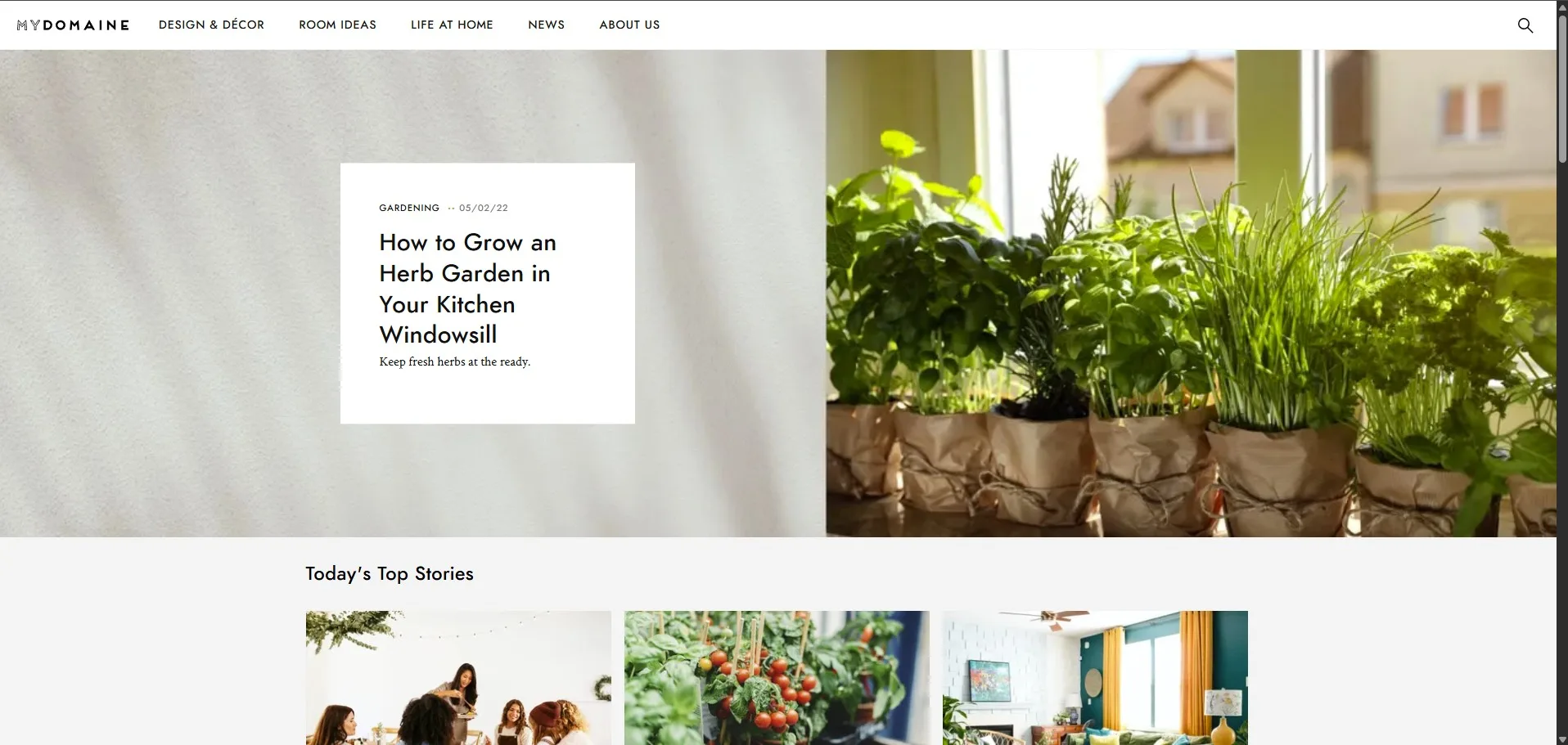 MyDomaine website homepage featuring a gardening guide on how to grow fresh herbs in pots on a kitchen windowsill.