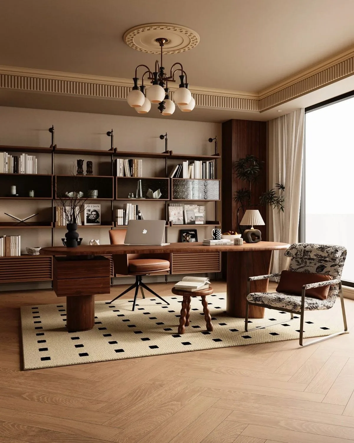 A well-lit mid-century modern home office designed with Decozie's online interior design services. A curved wood desk, an ergonomic leather chair, and a patterned armchair sit on a geometric rug. A floor-to-ceiling bookshelf with books and decor completes the warm, professional, and affordable workspace.