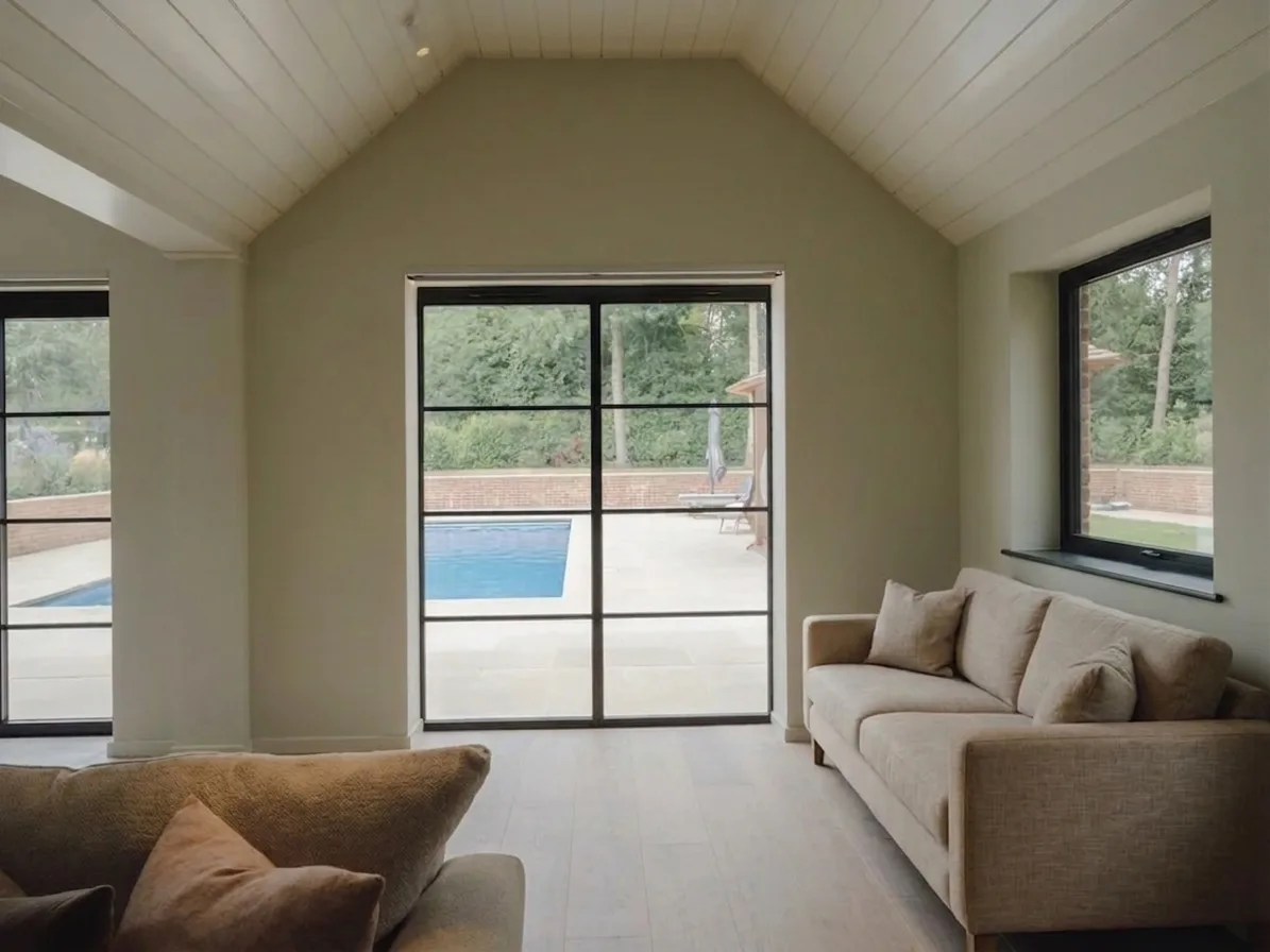 Modern neutral living room with beige sofas, vaulted ceiling, and large black-framed windows overlooking a pool