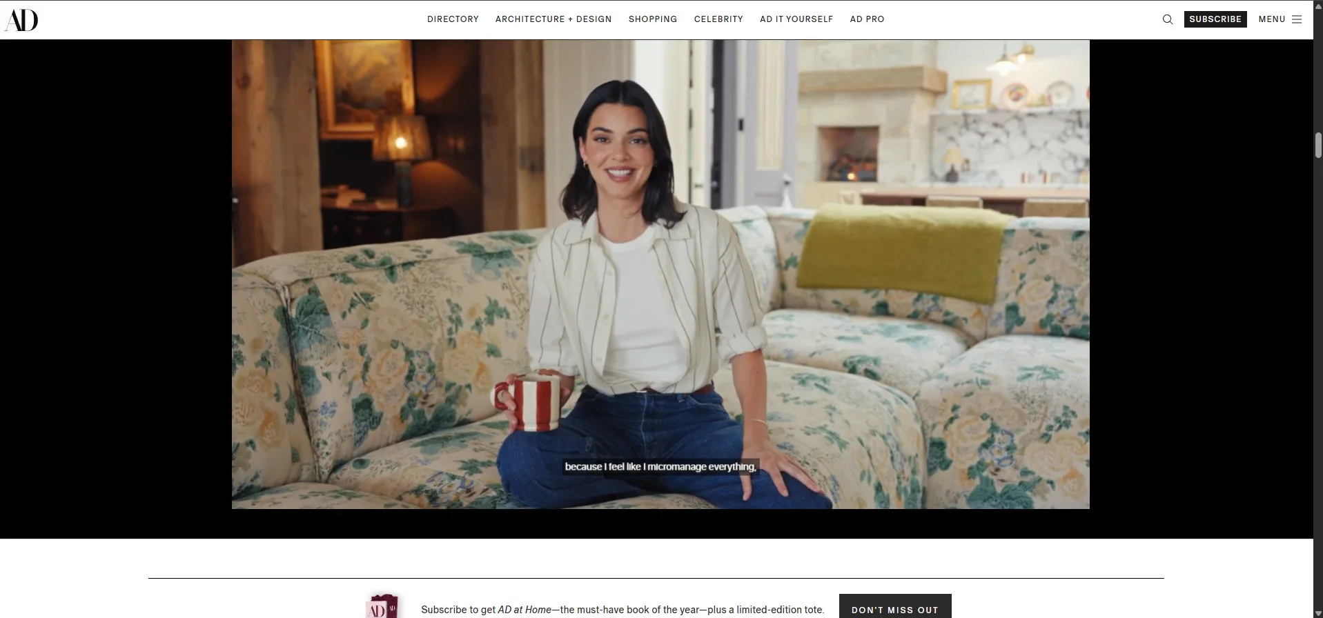 Architectural Digest (AD) Open Door video featuring Kendall Jenner on a floral sofa during a celebrity home tour.