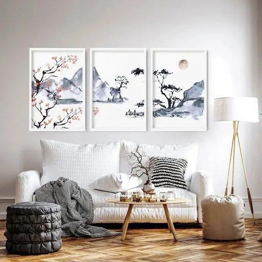 Bright living room with Japanese wall art styling for affordable interior design.