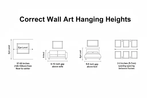 Infographic: Correct wall art hanging heights for professional affordable interior design.