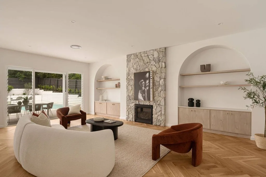 Minimalist Living Room with Fireplace - Living Room interior design by Decozie